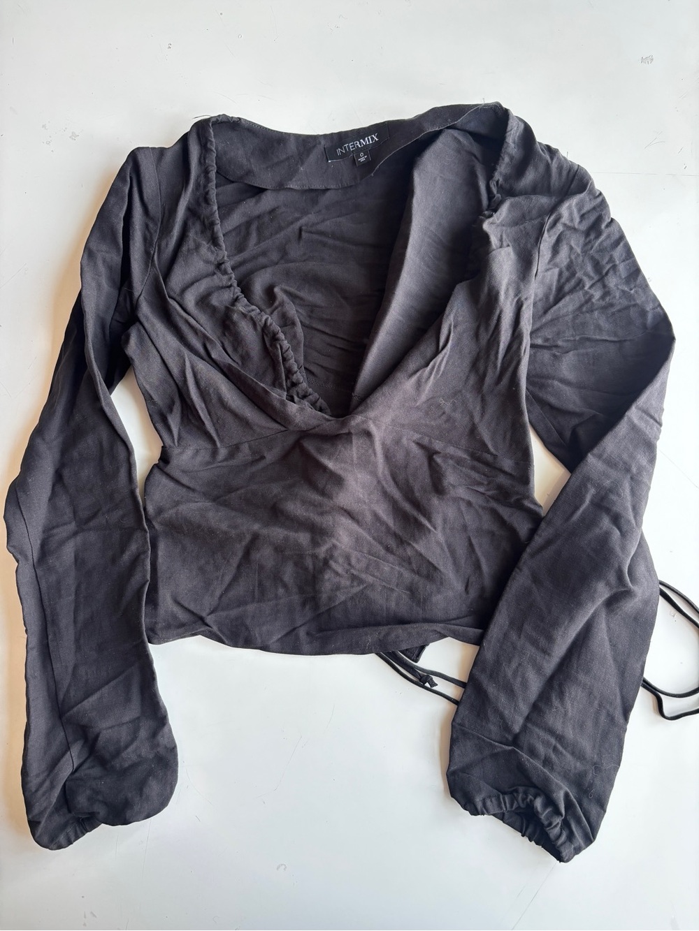 INTERMIX Black Long-Sleeve Wrap Crop Top